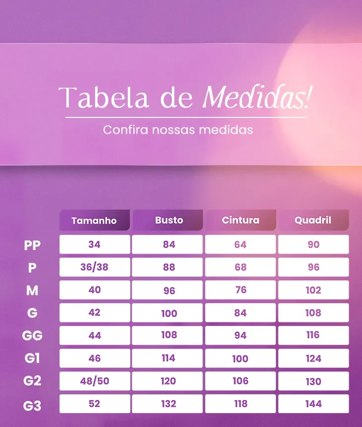 Tabela de medidas do Conjunto Liz